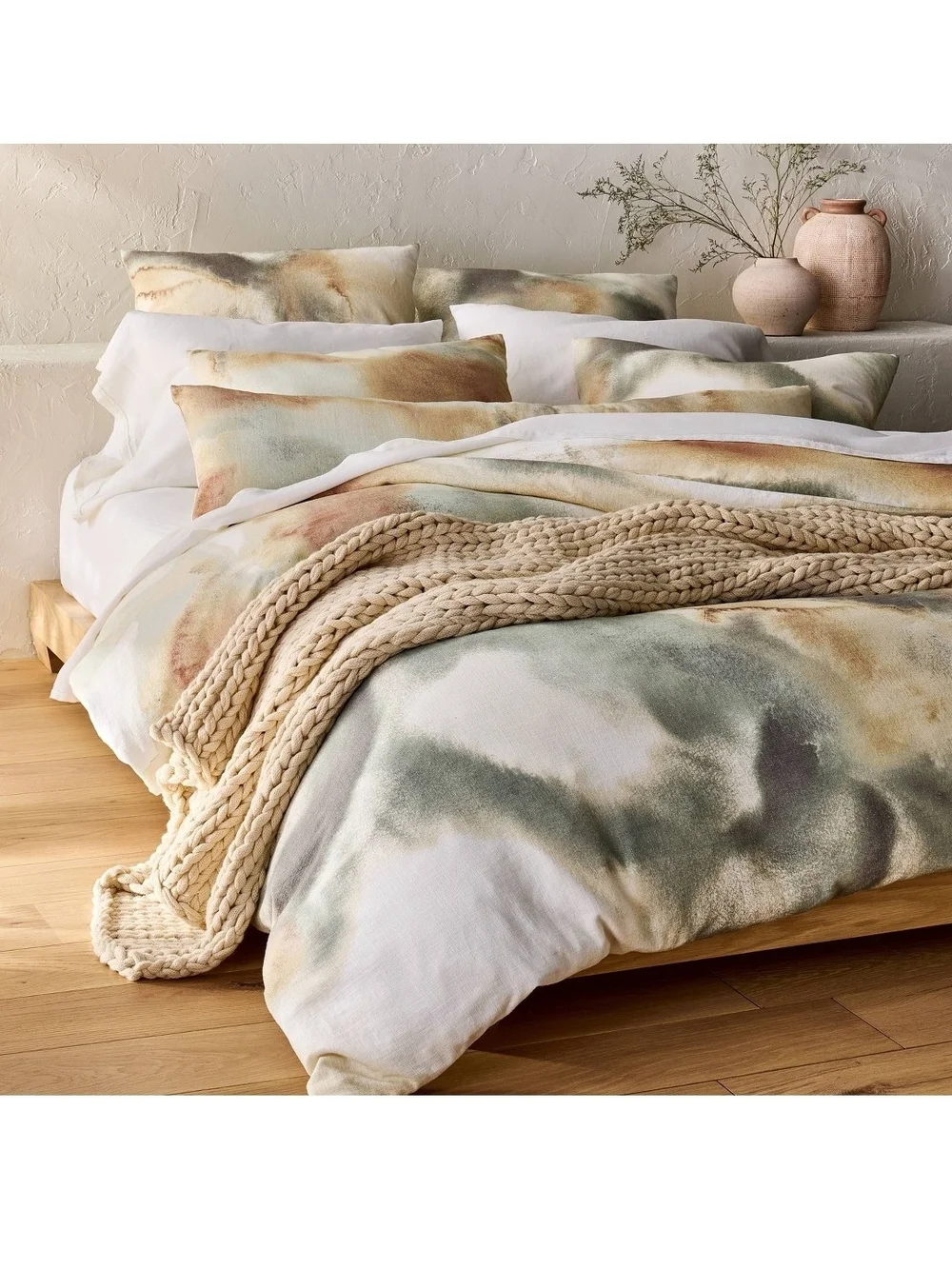 Watercolor Abstract F/Q Duvet Set in Olive& Taupe - Casaluna Heavyweight Linen